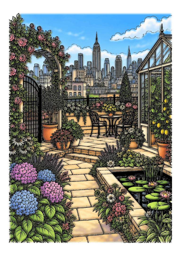 Flowering planters, a café table, and a small greenhouse fill a rooftop garden above a city skyline.