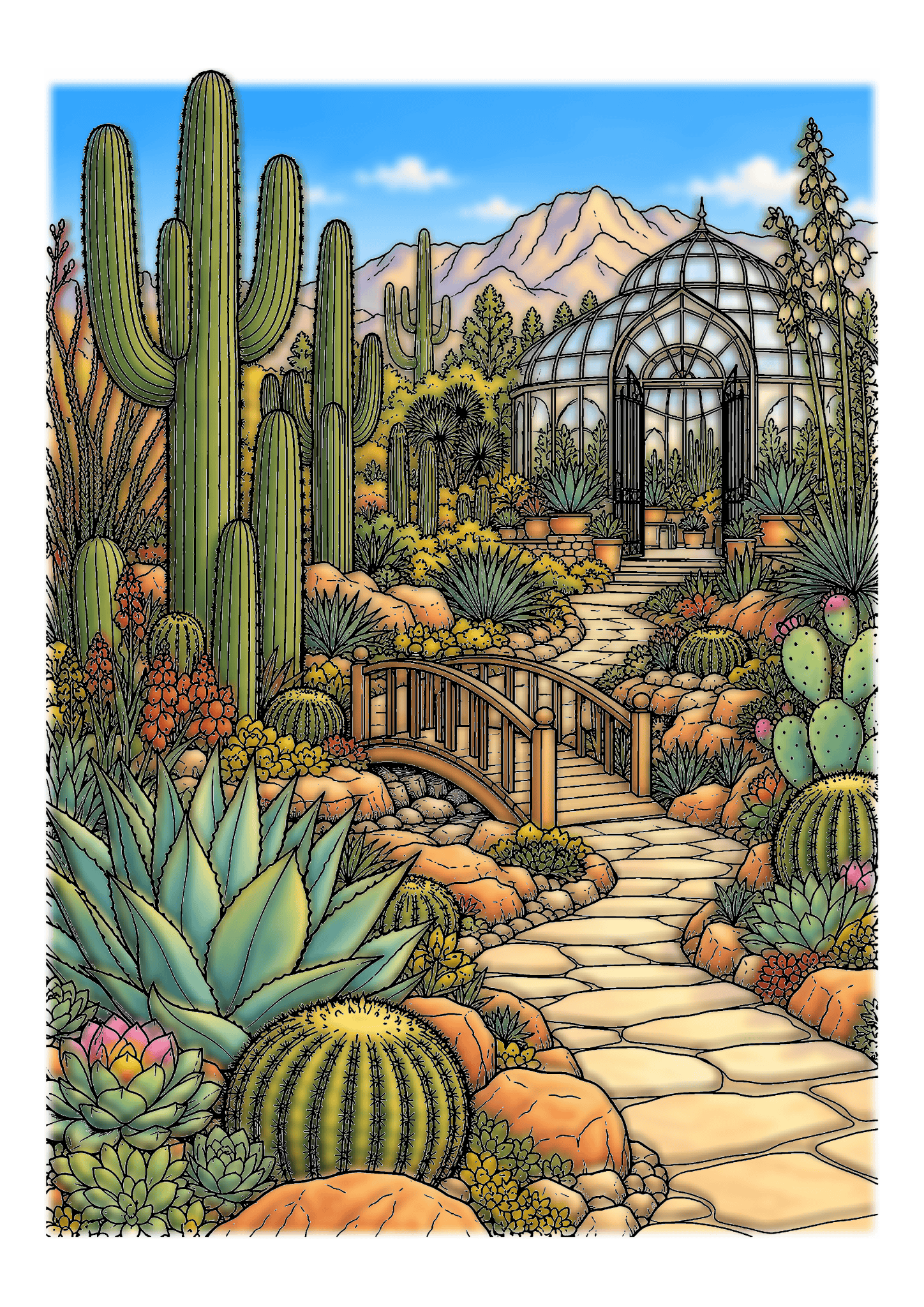 Tall saguaros, barrel cacti, agaves, and a stone path surround a glasshouse in a sunny desert garden.