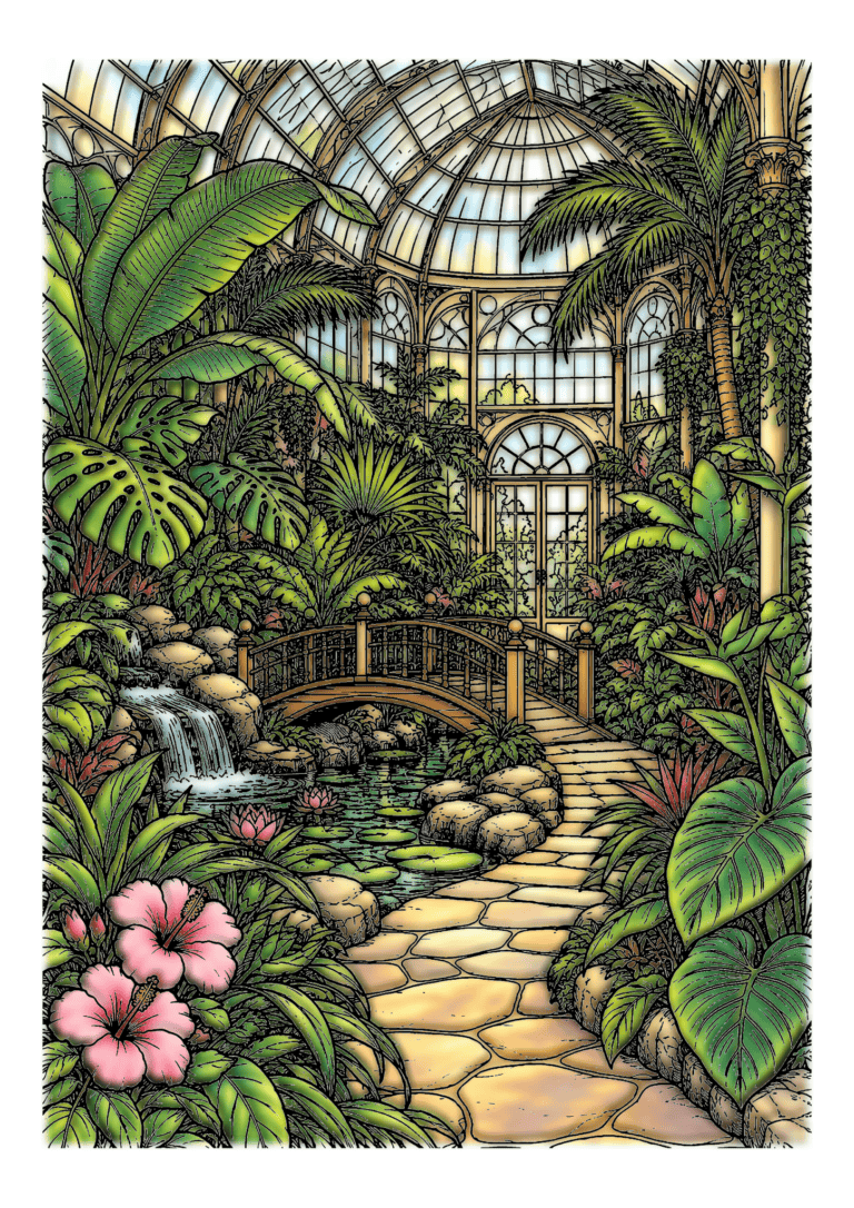 A stone path and small bridge pass a pond, palms, and flowering tropical plants beneath a glass dome.