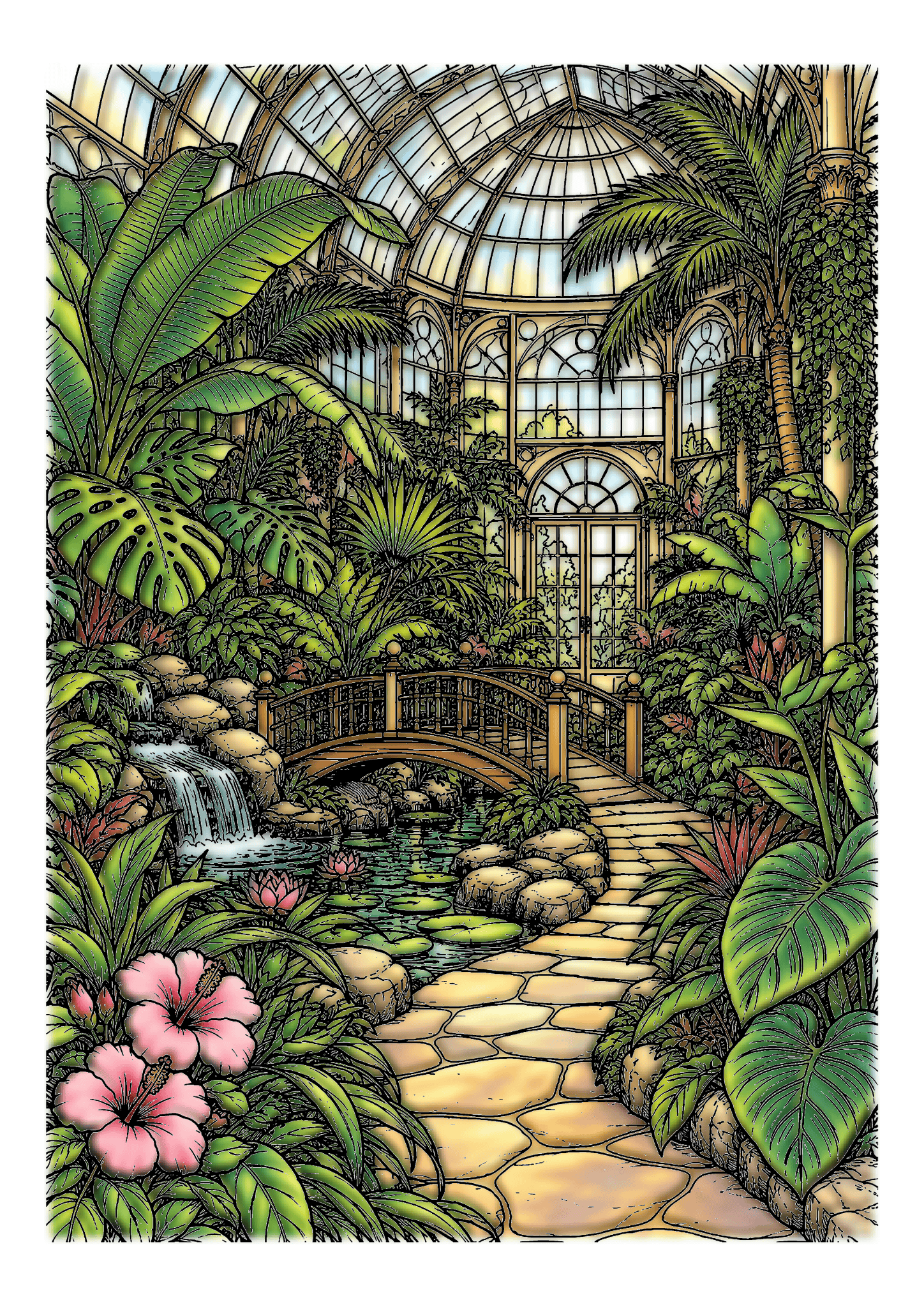 A stone path and small bridge pass a pond, palms, and flowering tropical plants beneath a glass dome.
