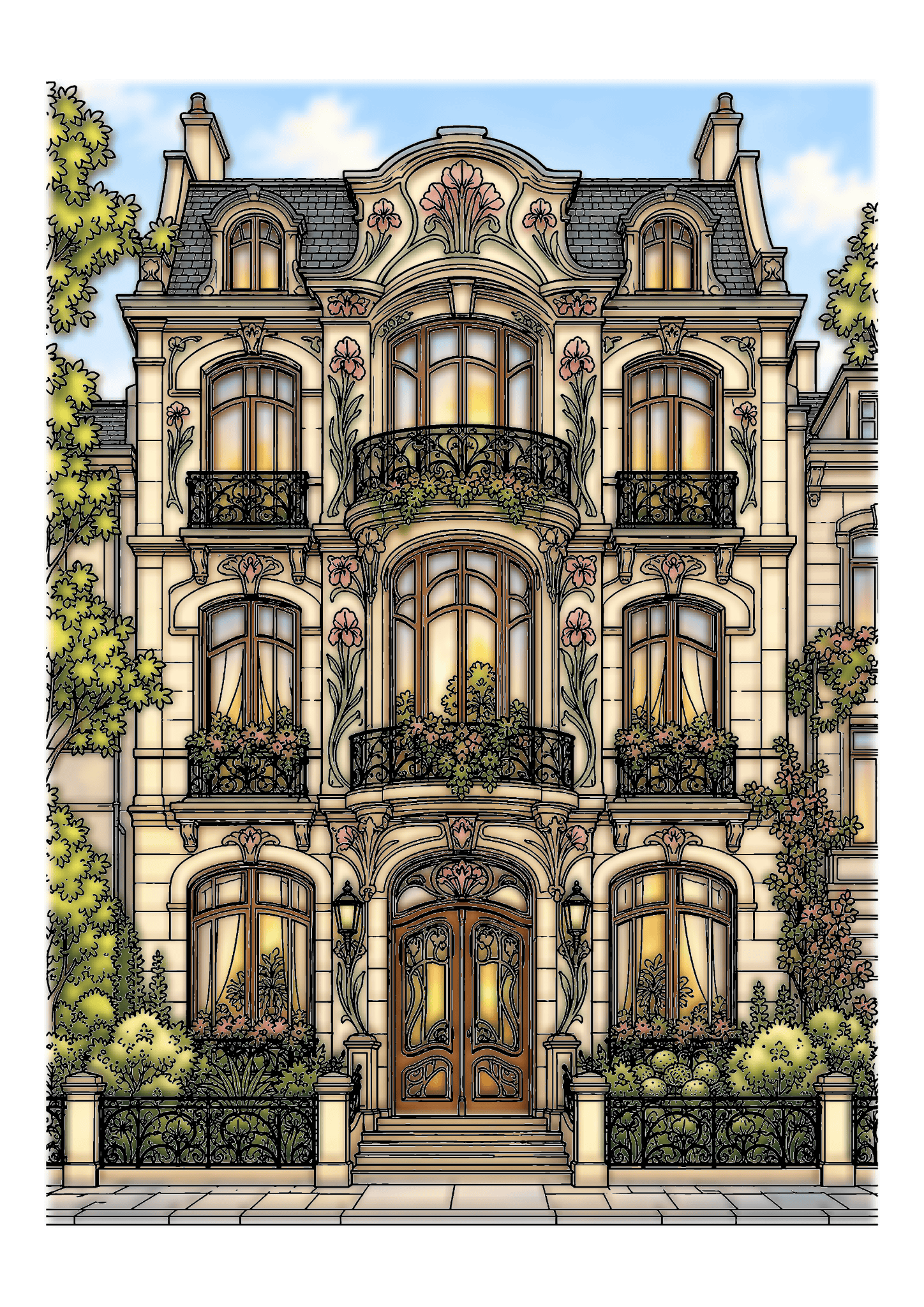 An ornate cream Art Nouveau townhouse has curved windows, iron balconies, and flower-filled planters.