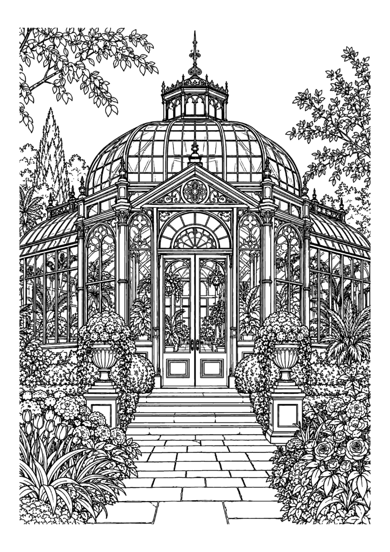 Black-and-white coloring page featuring an elegant Victorian glasshouse surrounded by plants.