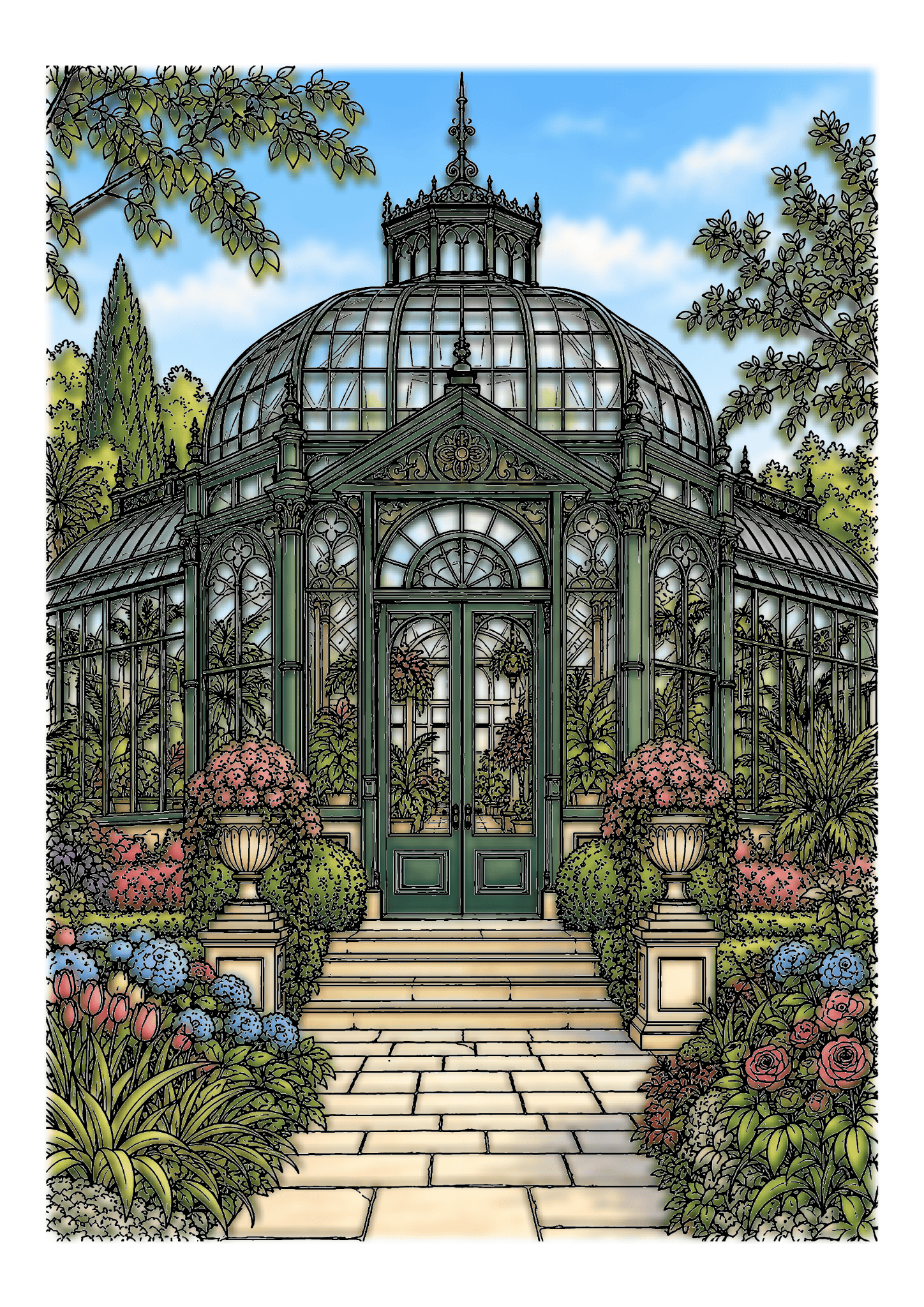 A dark green Victorian glasshouse with a domed roof stands above stone steps and colorful flowerbeds.