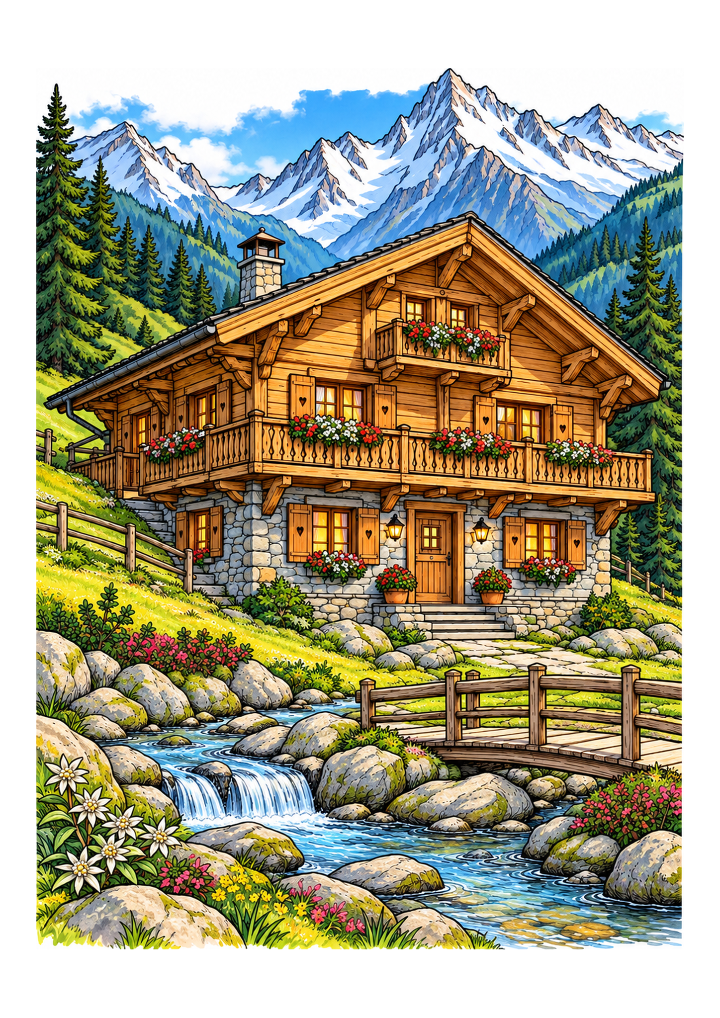 A timber alpine chalet overlooks a rocky stream with pine trees and snowy mountains.