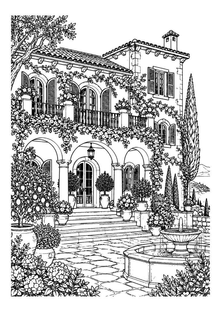 Black-and-white coloring page featuring a Mediterranean villa with arches, shutters and climbing plants.