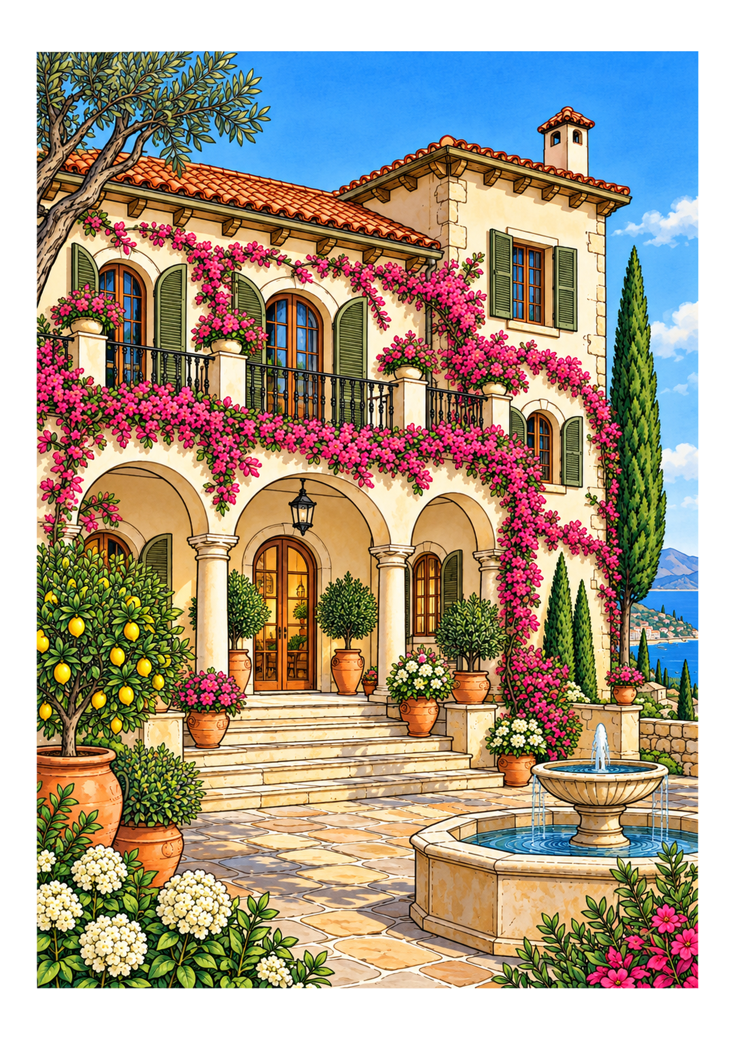 A Mediterranean villa with a terracotta roof, flowering courtyard, olive trees, and fountain.