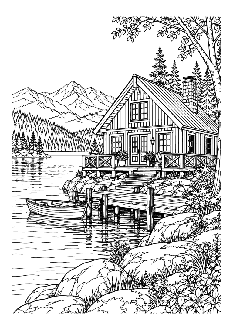 Black-and-white coloring page featuring a simple Scandinavian cabin beside a peaceful lake.