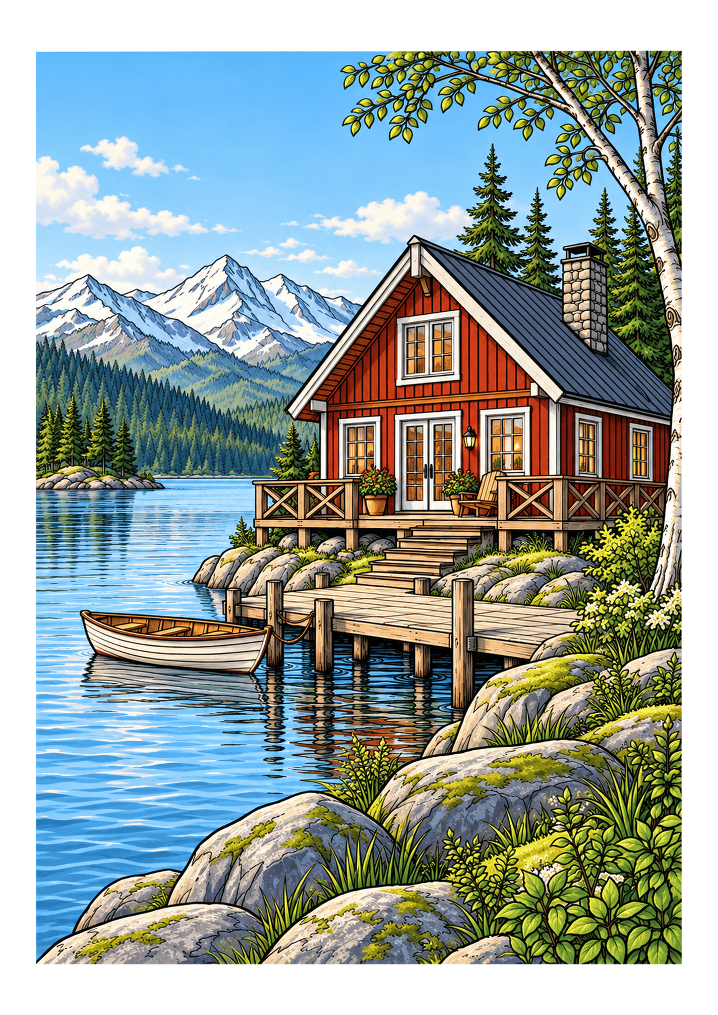 A red Scandinavian cabin and small boat sit beside a blue lake and forested mountains.