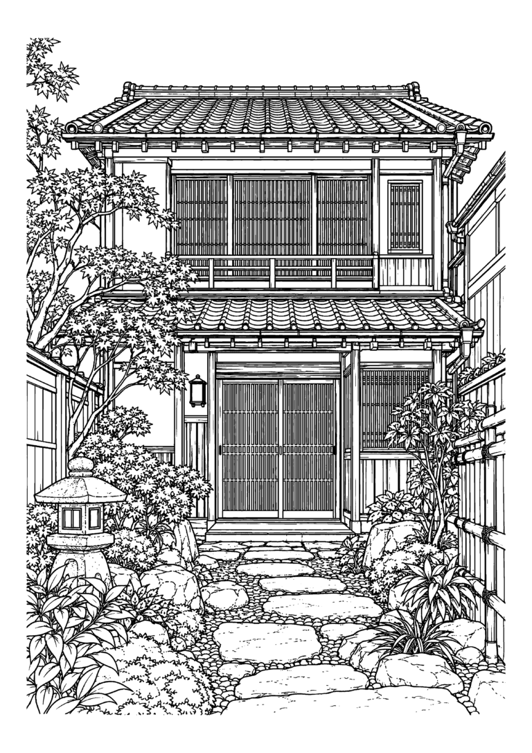 Black-and-white coloring page featuring a traditional Japanese machiya townhouse and entrance garden.
