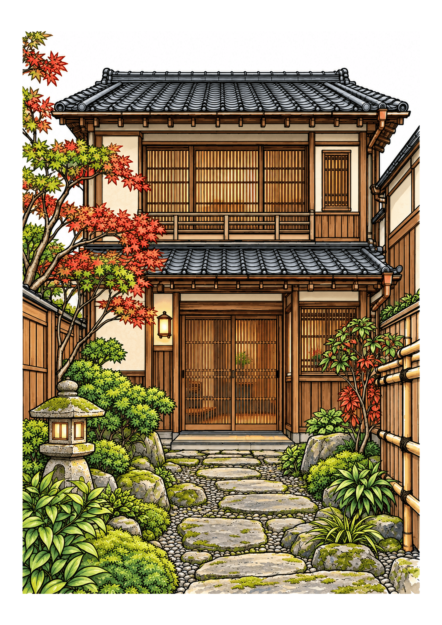 A traditional Japanese machiya house stands beside a stone garden path and leafy trees.