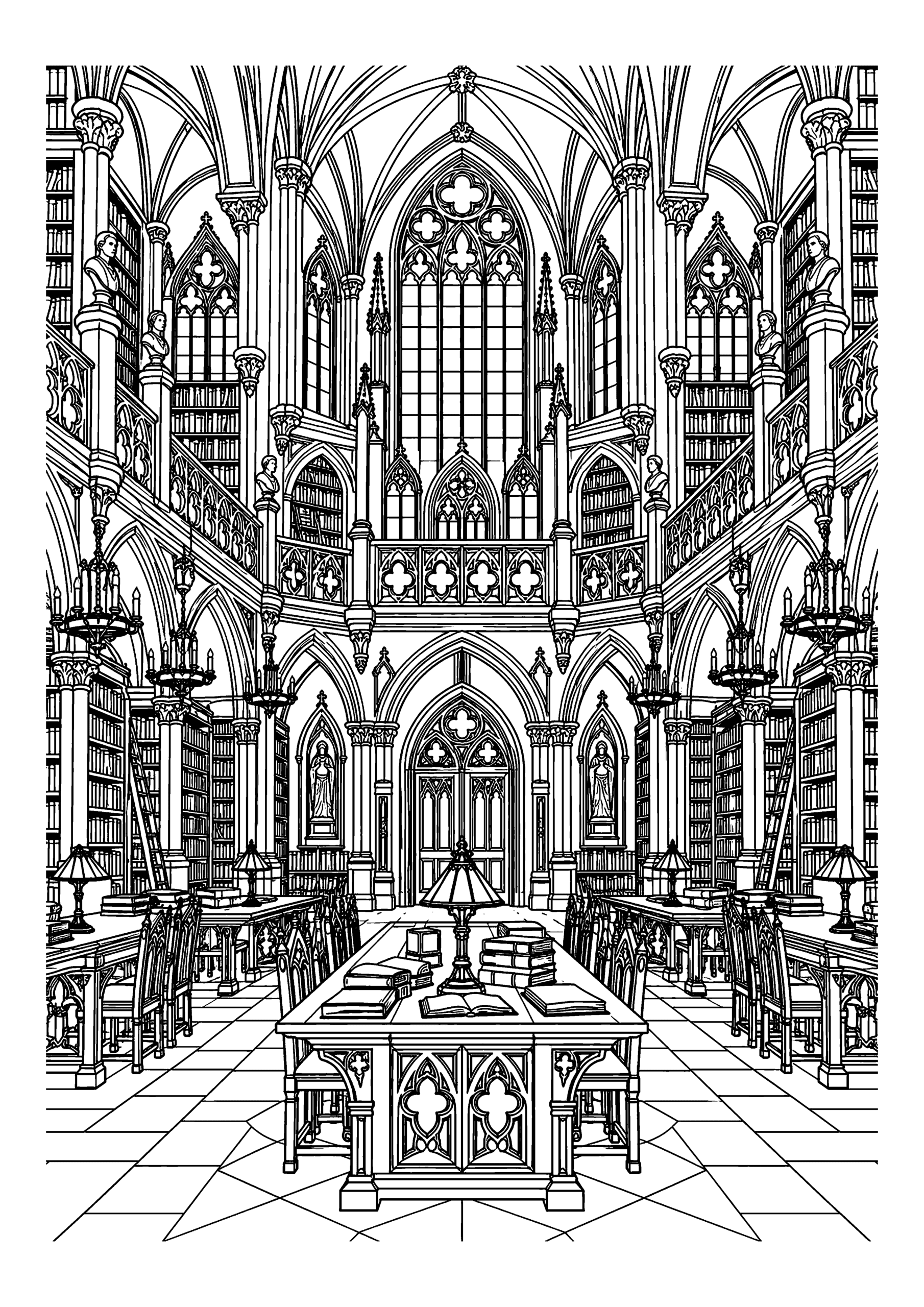 Black-and-white coloring page of a grand Gothic library with arched ceilings, stained-glass windows and bookshelves.