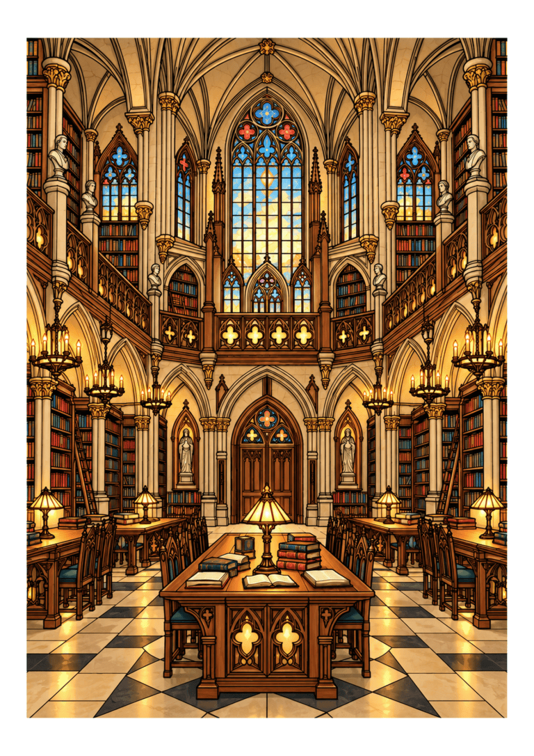 A richly colored Gothic library with vaulted arches, tall bookshelves, stained glass, and a reading table.