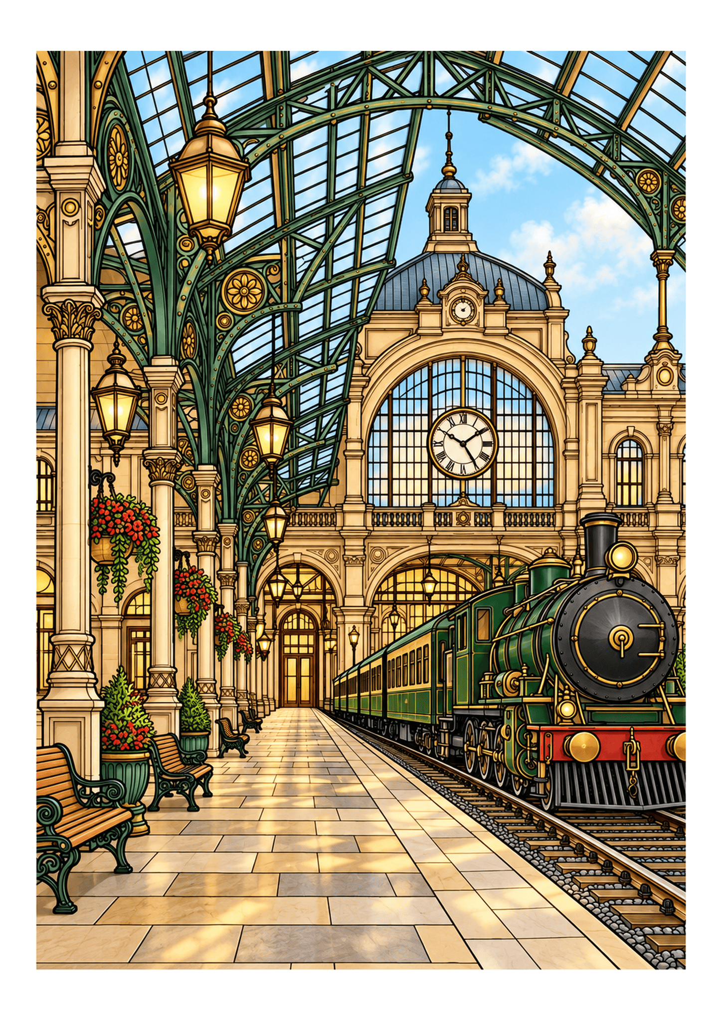 A steam train waits beneath the glass roof of an ornate European railway station.