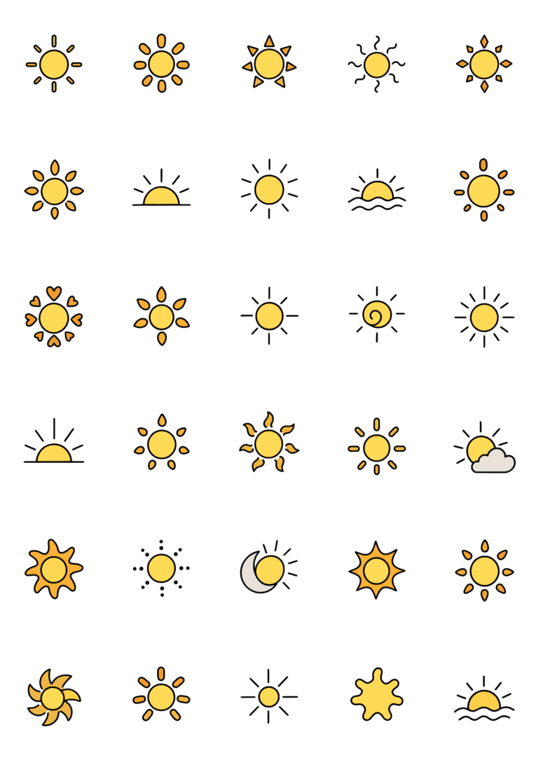 Colored example of the sun tiny tattoo sheet, with 30 motifs in six rows and a palette of yellow, honey, orange.