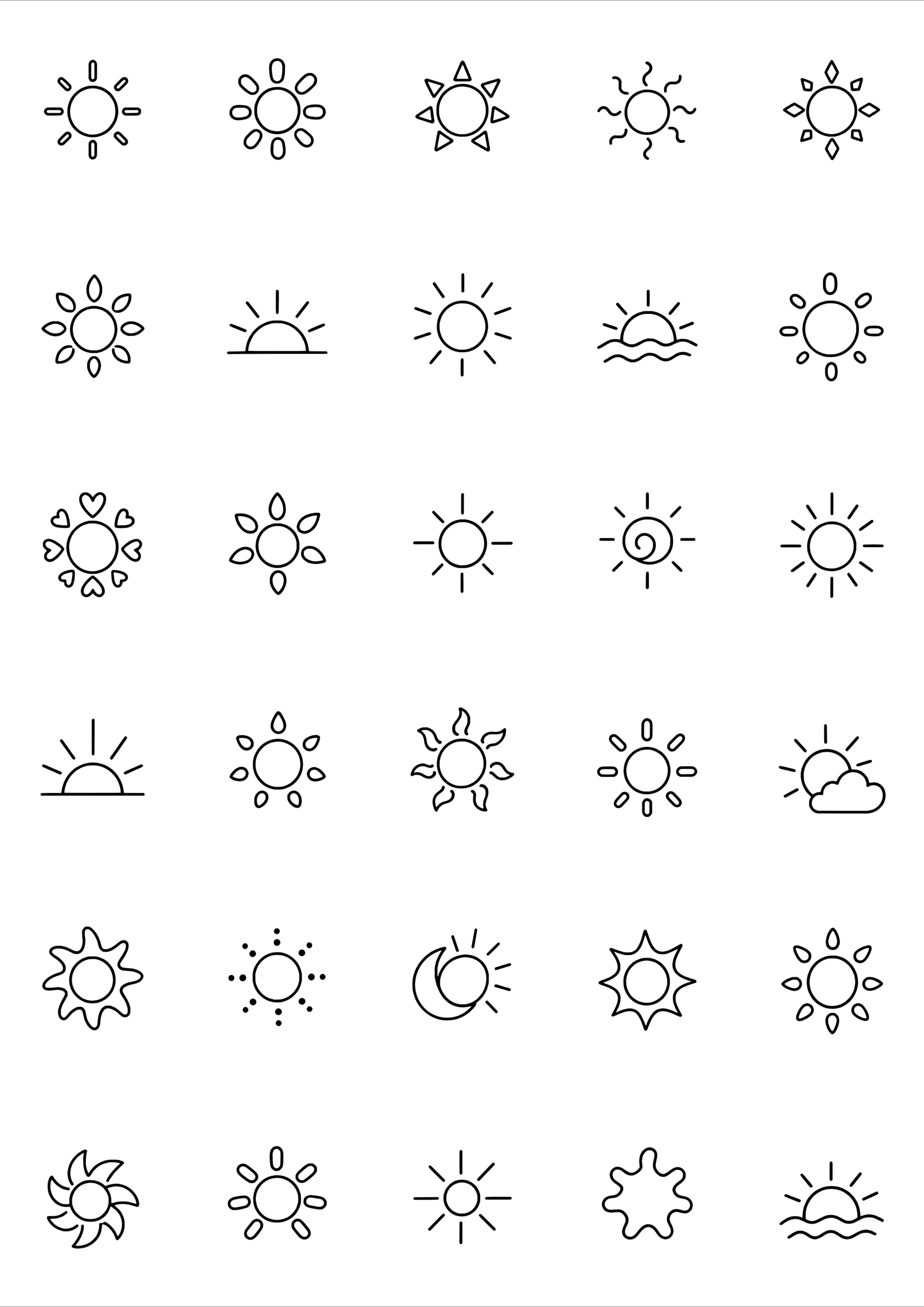 Black-and-white coloring and tiny tattoo sheet with 30 separate designs: sun discs, rising suns and playful variations of short and long rays.