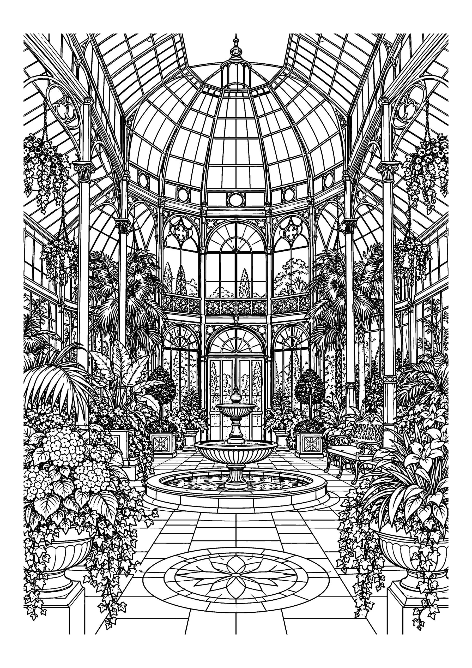 Black-and-white coloring page of an indoor winter garden under a tall glass dome with plants and a central fountain.