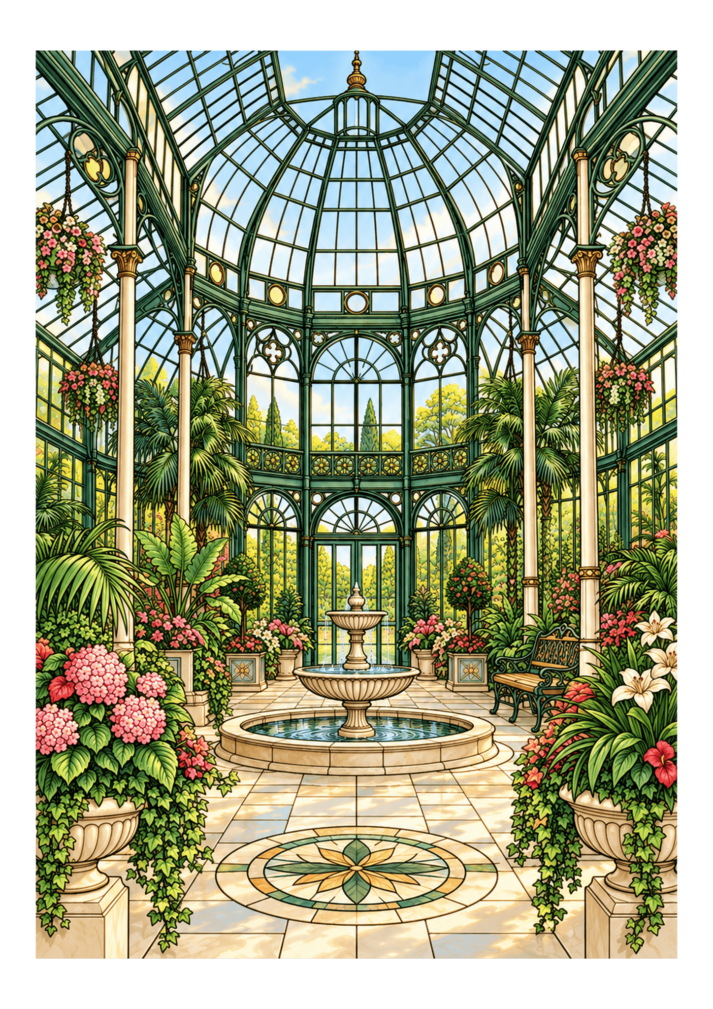 A grand glass conservatory filled with plants, flowers, and a central fountain.