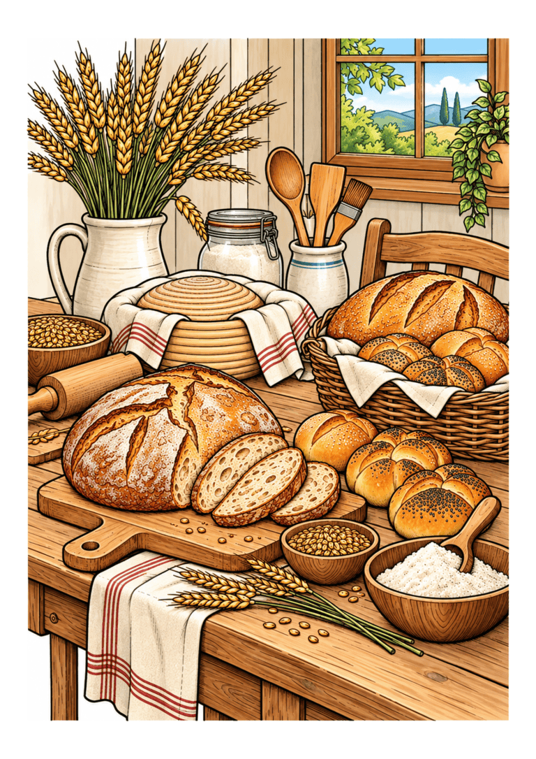 Rustic loaves, rolls, flour, and wheat sit on a warm wooden baking table.