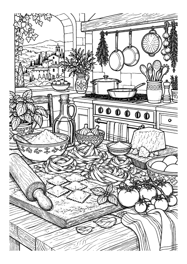 Black-and-white coloring page of a rustic Italian kitchen with pasta, tomatoes, cheese and pots by a stove.