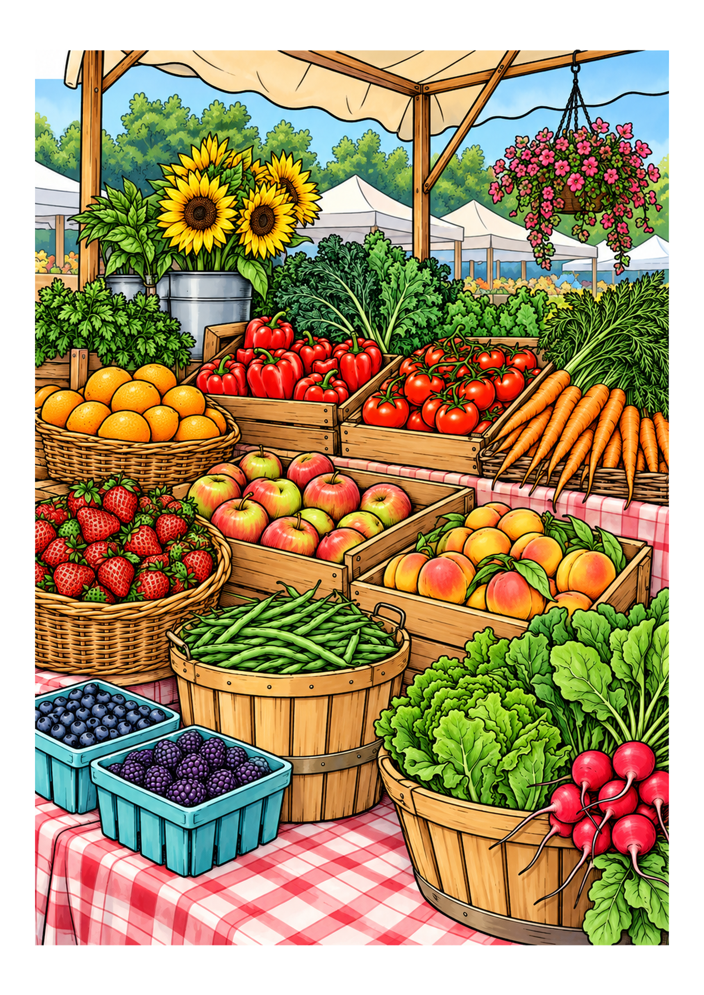 A farmers market stall with baskets and crates of colorful vegetables, fruit, and flowers.