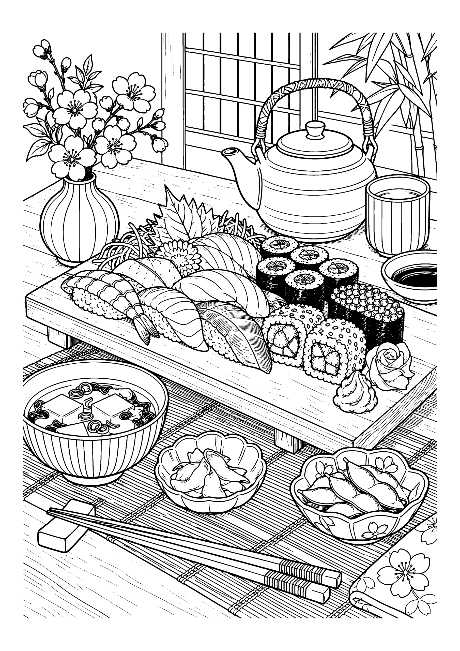 Black-and-white coloring page of a Japanese sushi spread with sushi rolls, sashimi, rice bowls and a teapot.