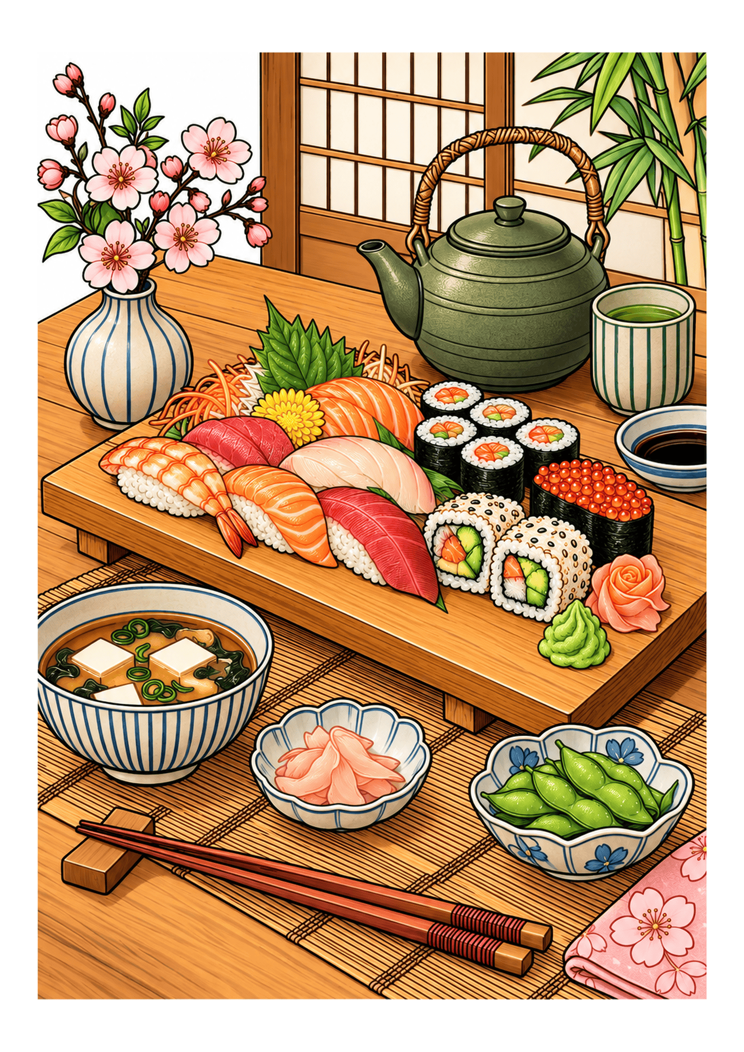 A sushi platter with rolls and nigiri sits beside tea and a floral arrangement.