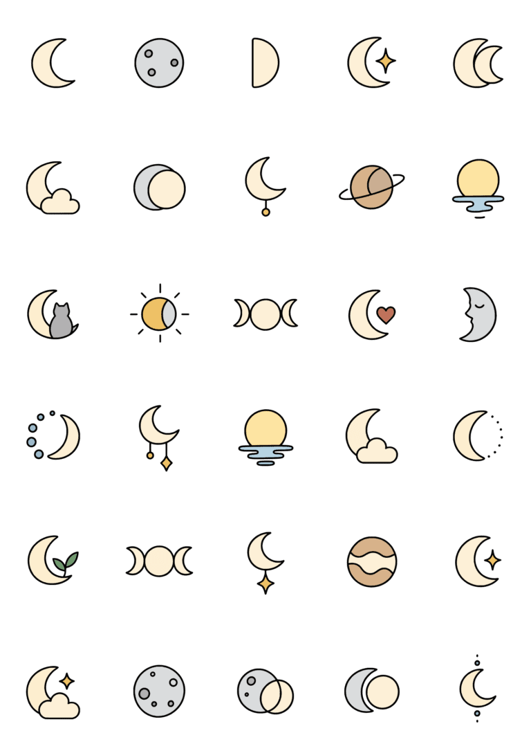 Colored example of the moon tiny tattoo sheet, with 30 motifs in six rows and a palette of cream, sand, gray, gold.