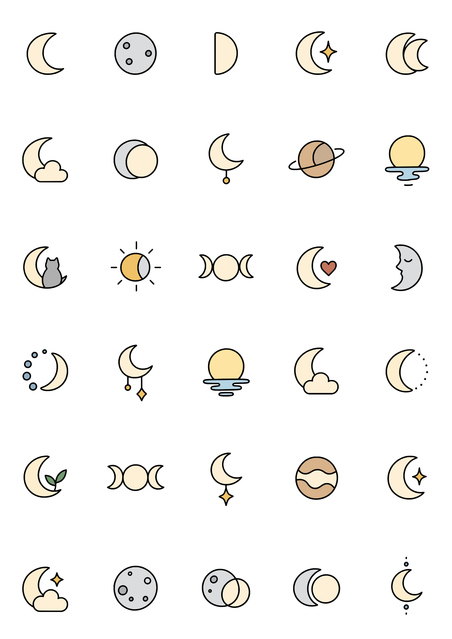 Colored example of the moon tiny tattoo sheet, with 30 motifs in six rows and a palette of cream, sand, gray, gold.