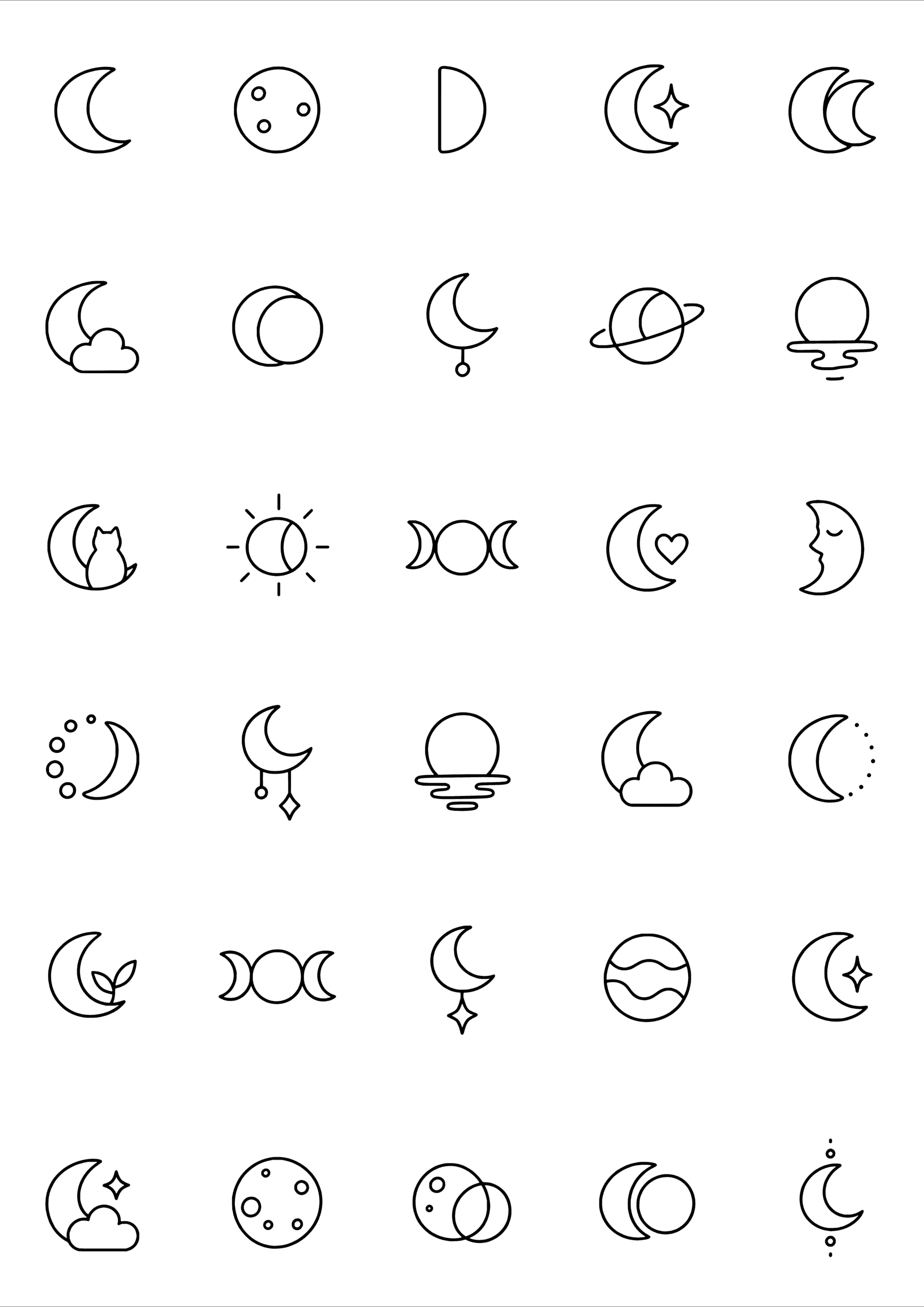 Black-and-white coloring and tiny tattoo sheet with 30 separate designs: crescent, half and full moons with clouds, stars, dots and layered celestial details.