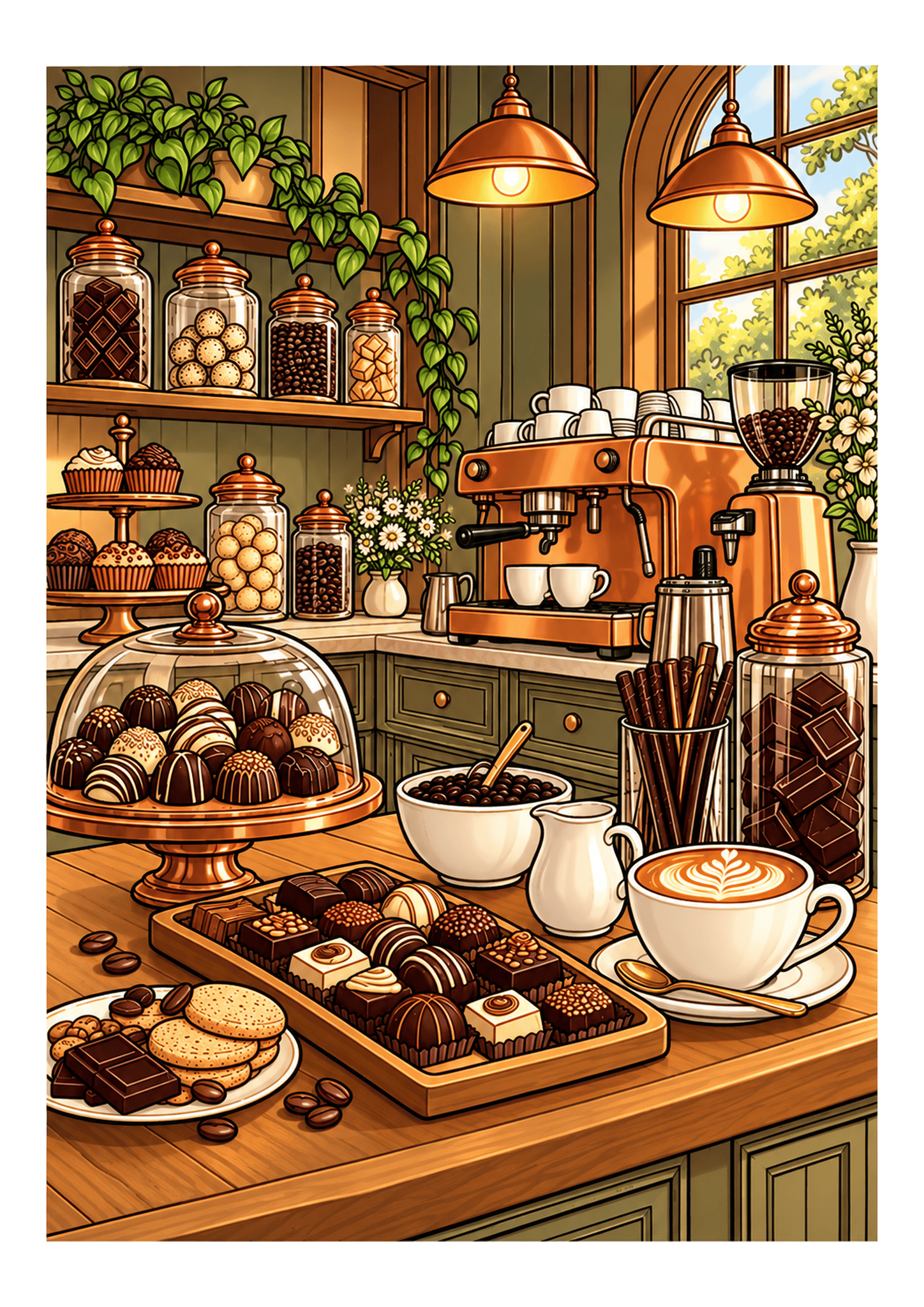 A cafe counter displays chocolate pastries, coffee cups, jars, and an espresso machine.