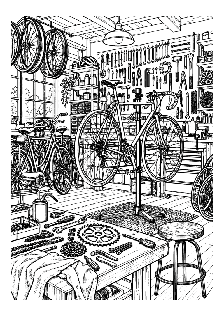 Black-and-white coloring page of a vintage bicycle being repaired in a workshop filled with tools and spare wheels.