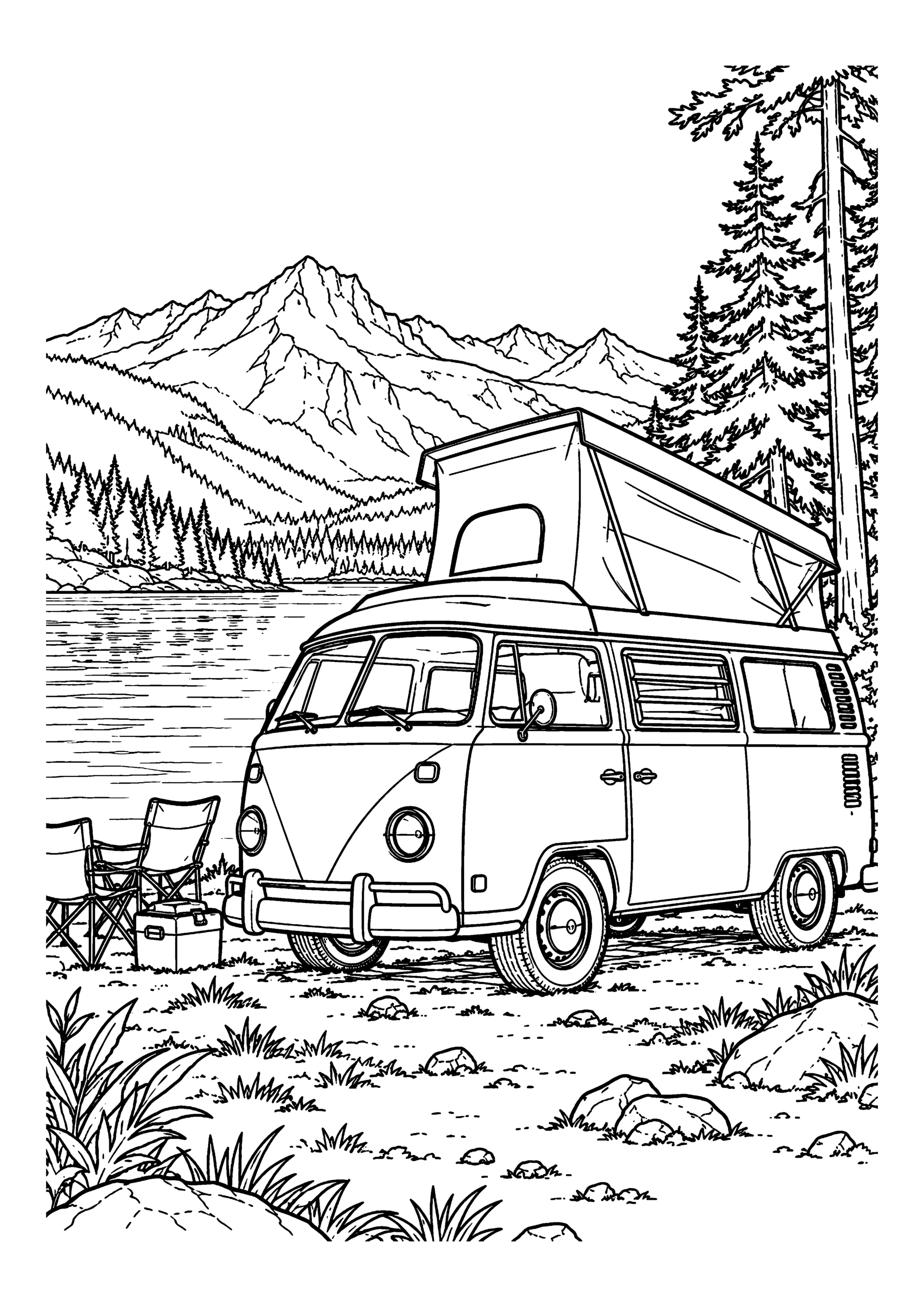Black-and-white coloring page of a vintage campervan parked beside a mountain lake and pine trees.