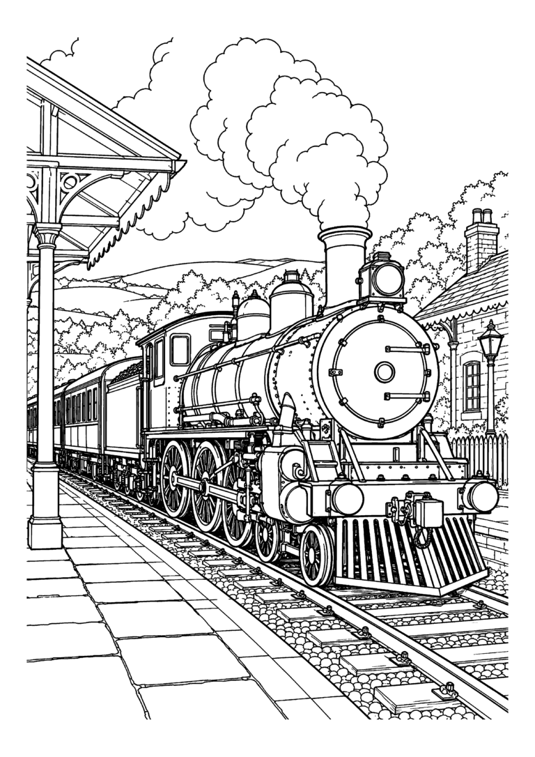 Black-and-white coloring page featuring a classic steam locomotive at a countryside station.