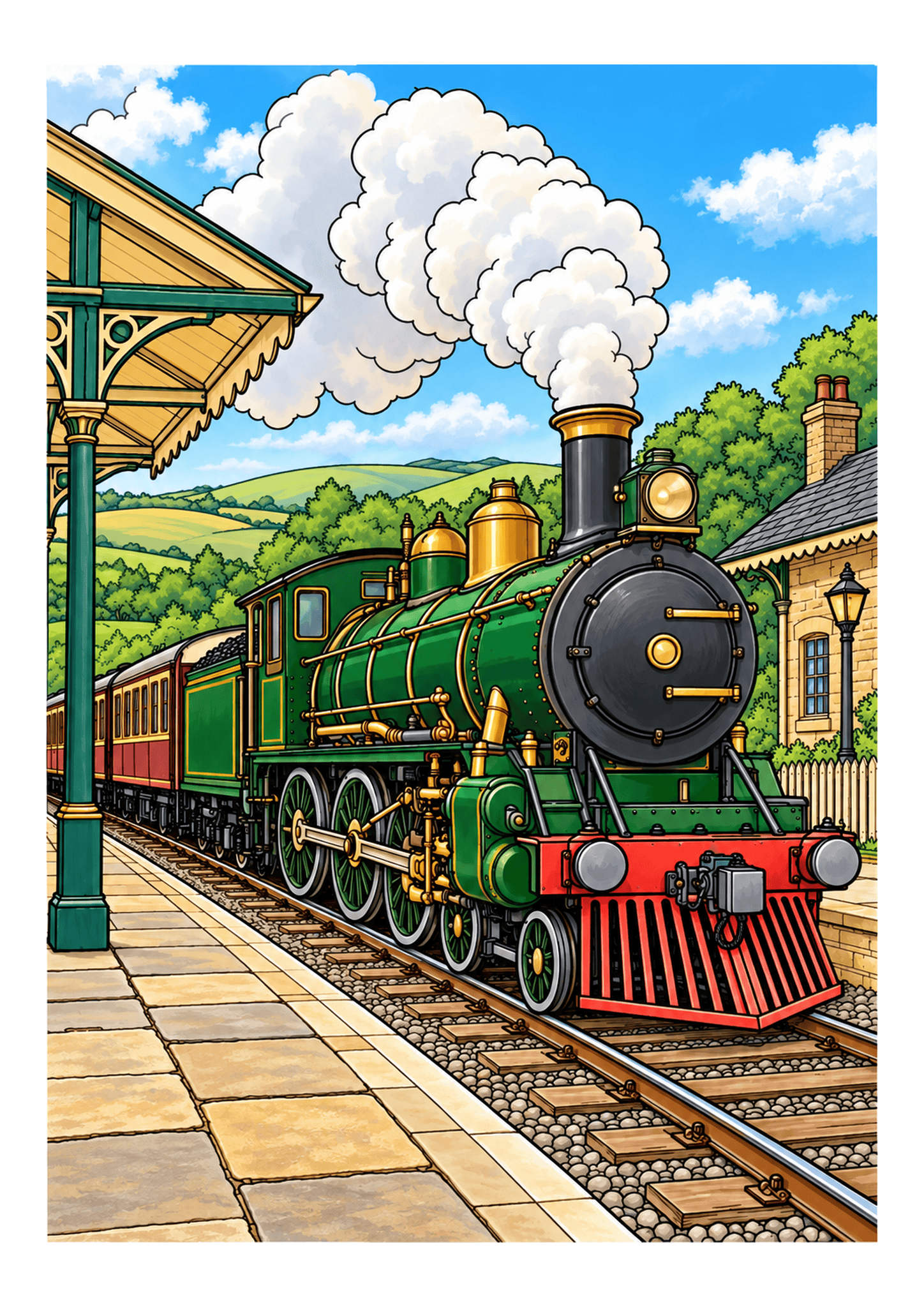 A steam locomotive pulls into an old station platform beneath drifting smoke.