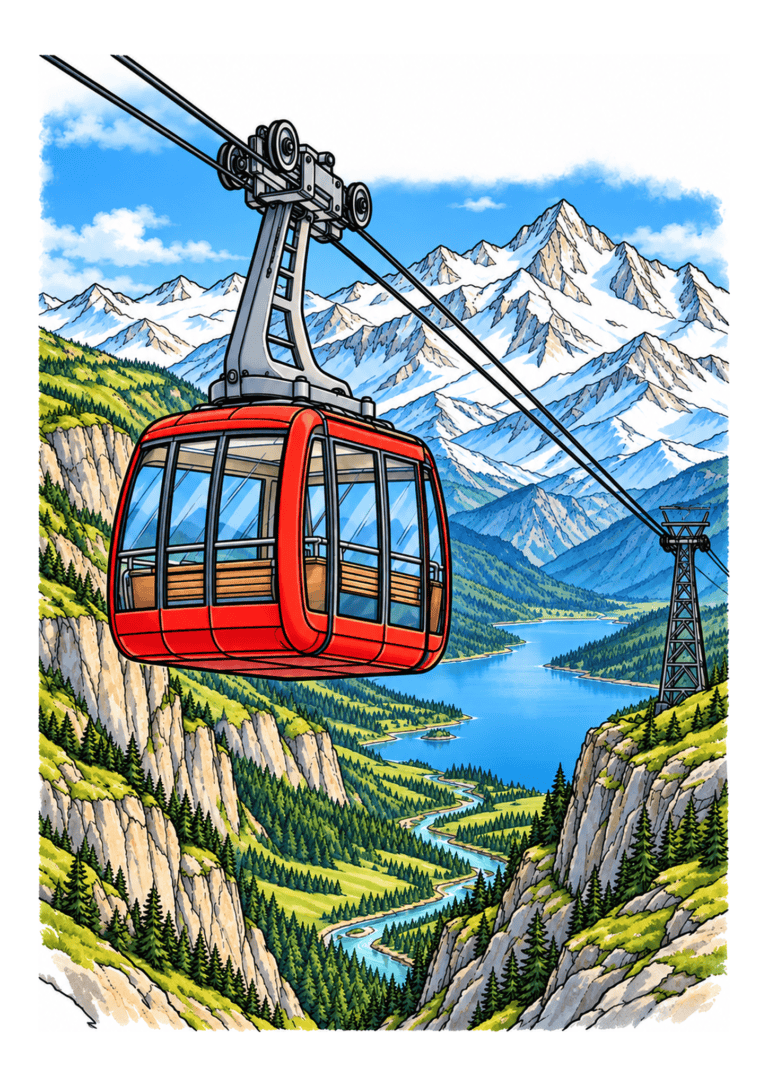 A red cable car travels over a mountain valley with snowy peaks and evergreen trees.