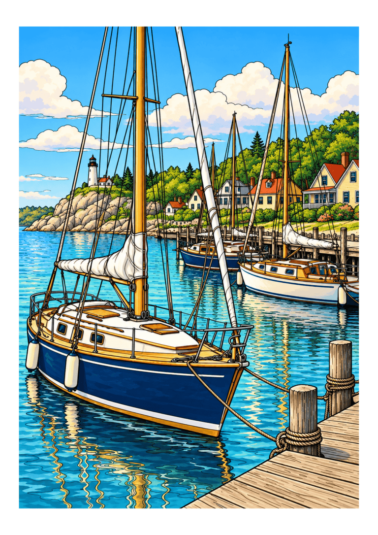 Sailboats rest in a picturesque harbor with colorful waterfront buildings and water reflections.