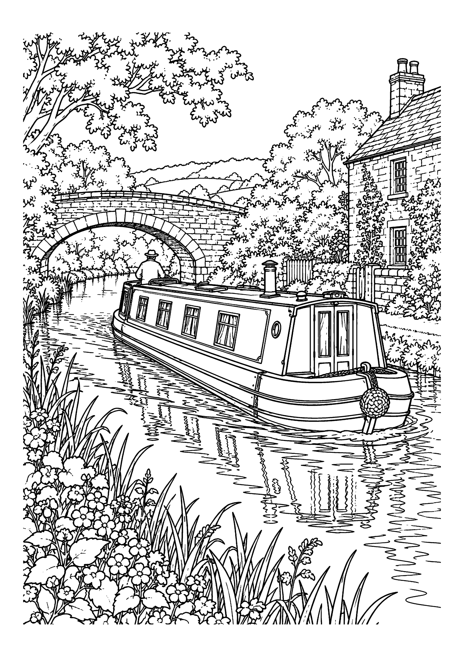 Black-and-white coloring page of a long canal boat passing a stone bridge and riverside cottage.