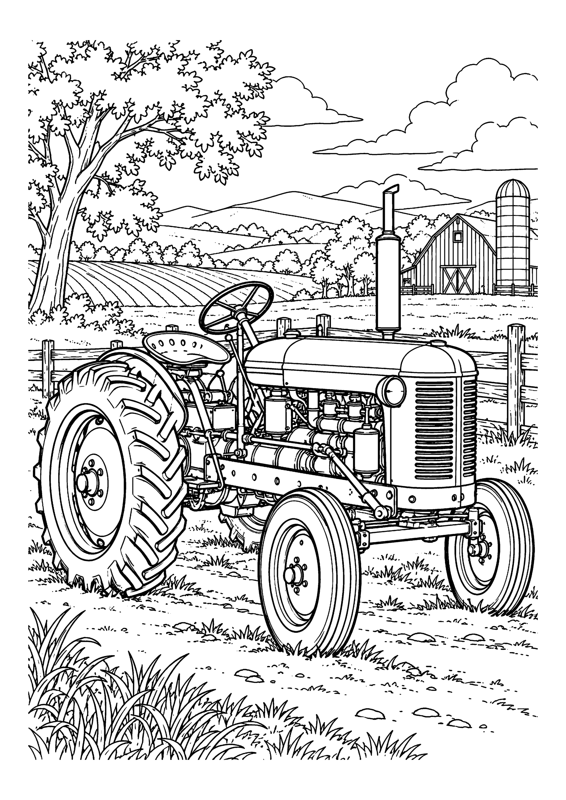 Black-and-white coloring page featuring a vintage tractor in a traditional agricultural landscape.
