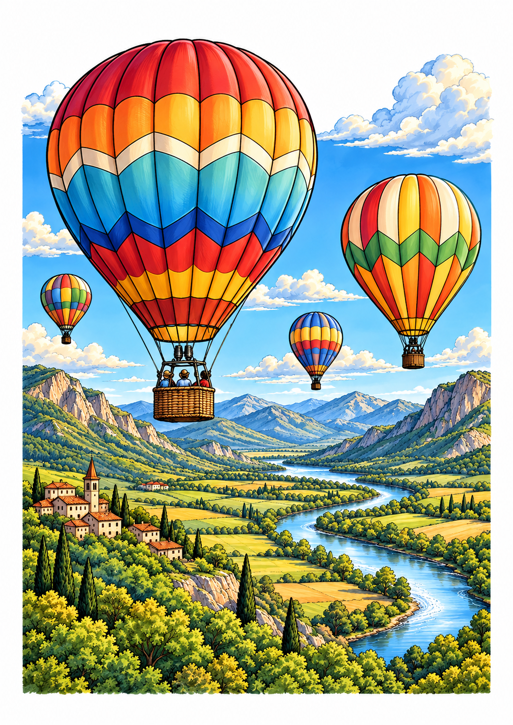 Colorful hot air balloons floating above a winding river and green valley.