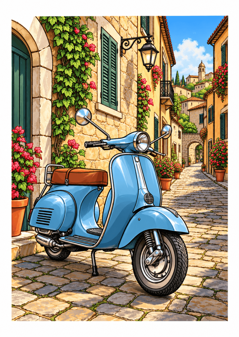 Light blue vintage scooter on a sunlit cobblestone street lined with flower-covered stone buildings.