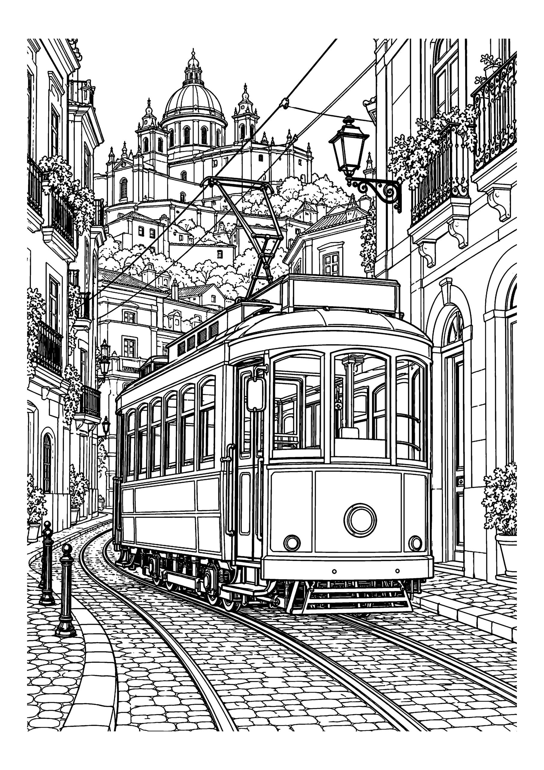 Black-and-white coloring page of a vintage tram riding through an old city street with overhead wires.