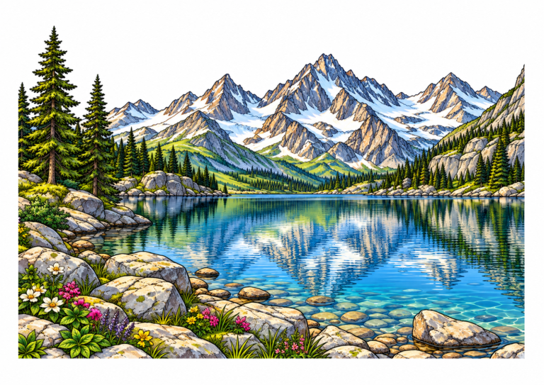 Clear blue alpine lake reflecting snowy peaks and pine trees, with rocks and wildflowers along the shore.
