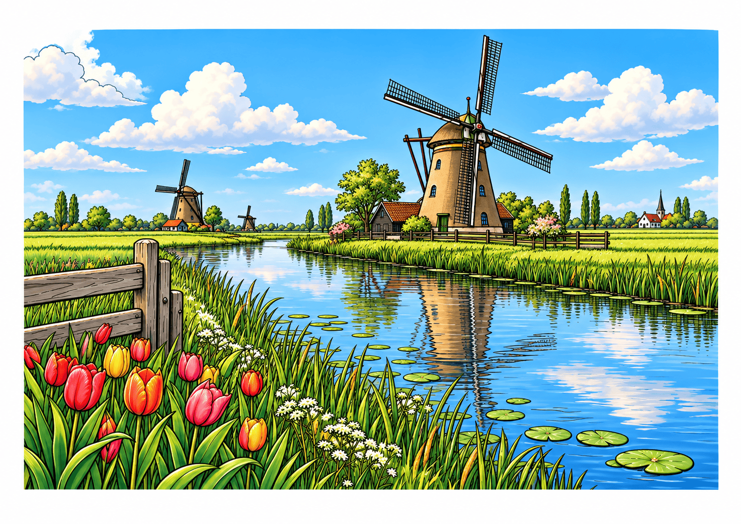Dutch windmills reflected in a canal, with bright tulips and green fields.