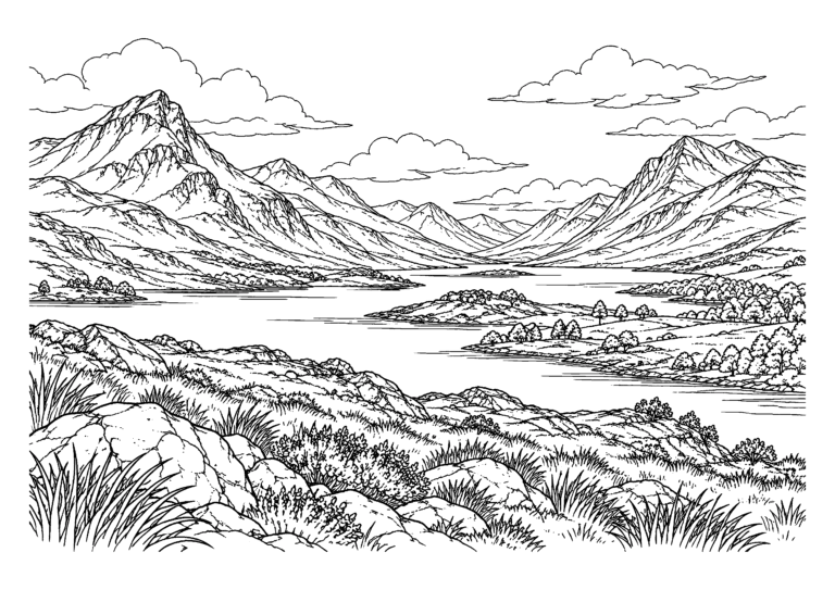 Black-and-white coloring page featuring a dramatic Highland valley with mountains, water and grasses.