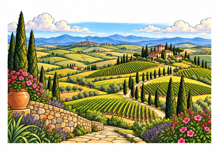 Rolling Tuscan fields, cypress-lined road, vineyards, and a hilltop farmhouse.