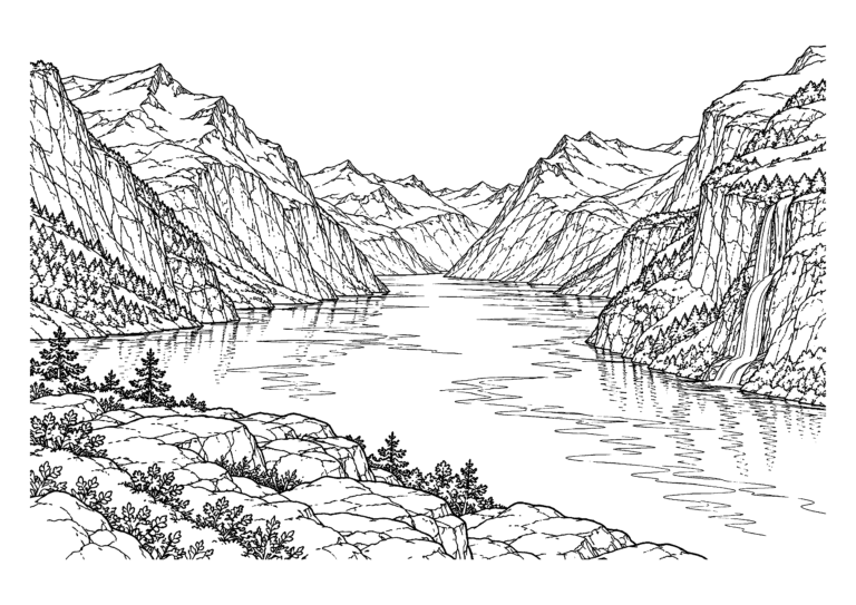 Black-and-white coloring page featuring a deep Nordic fjord surrounded by steep mountains.