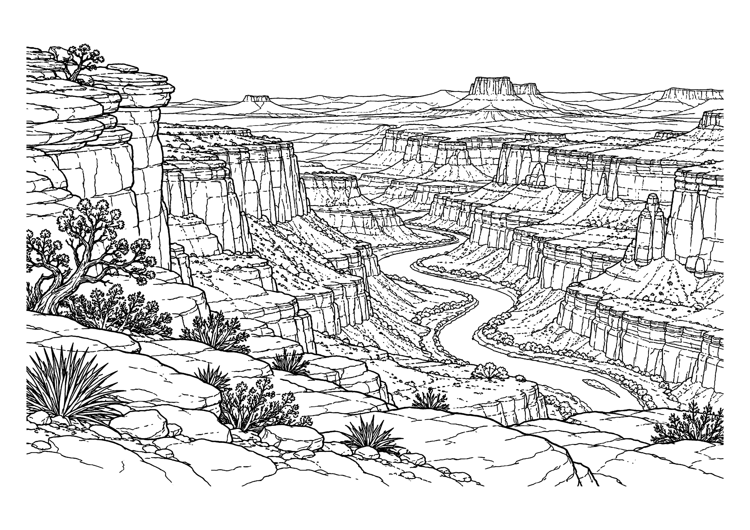 Black-and-white coloring page of a desert canyon with layered rock formations and a winding river.
