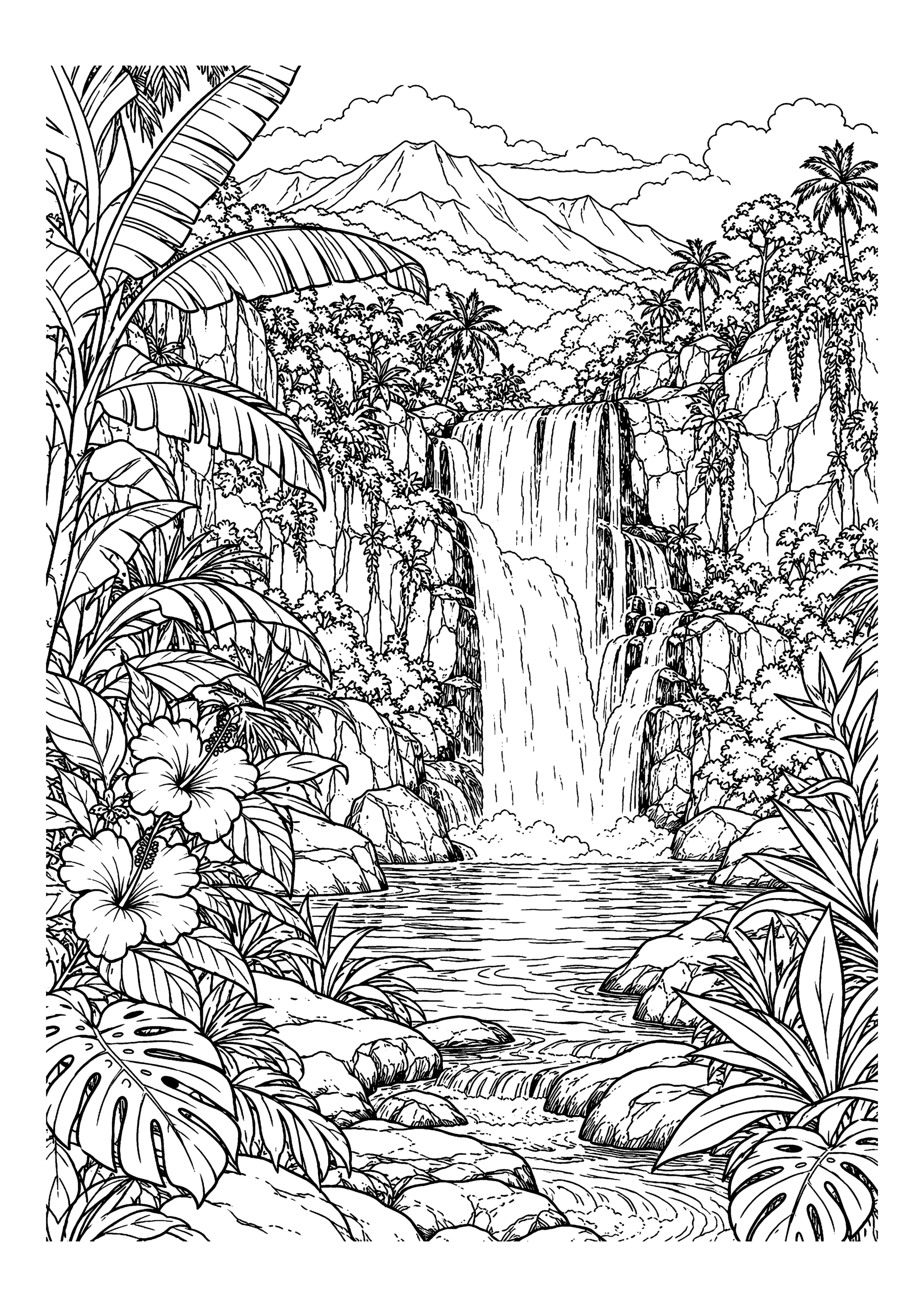 Black-and-white coloring page featuring a tropical waterfall surrounded by large jungle plants.