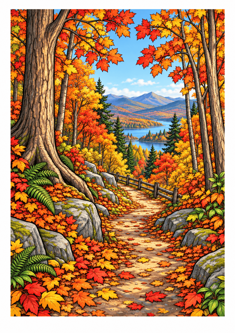 Leaf-strewn forest path framed by orange and red trees, opening toward a blue lake and distant mountains.