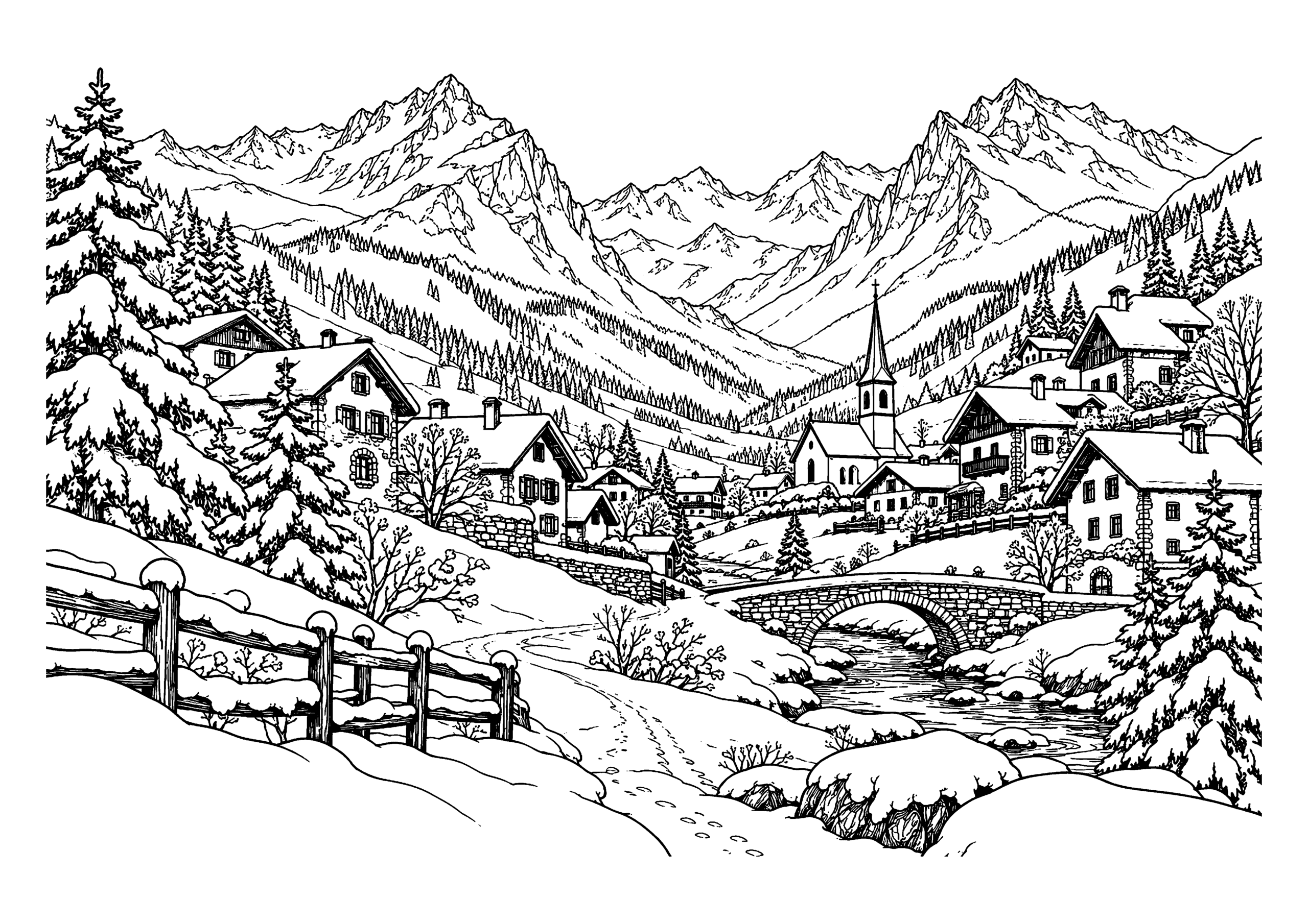Black-and-white coloring page of a snow-covered mountain village with chalet roofs and pine trees.